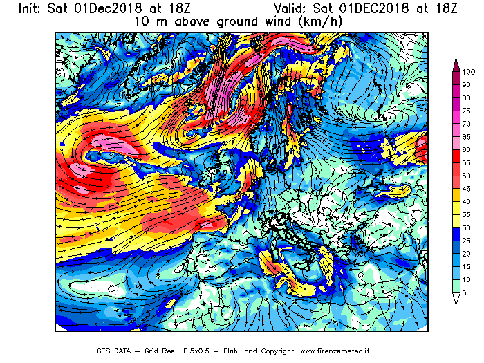 Mappa di analisi GFS - Velocità del vento a 10 metri dal suolo [km/h] in Europa
							del 01/12/2018 18 <!--googleoff: index-->UTC<!--googleon: index-->