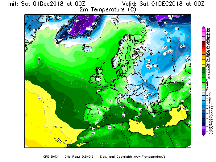 Mappa di analisi GFS - Temperatura a 2 metri dal suolo [°C] in Europa
									del 01/12/2018 00 <!--googleoff: index-->UTC<!--googleon: index-->