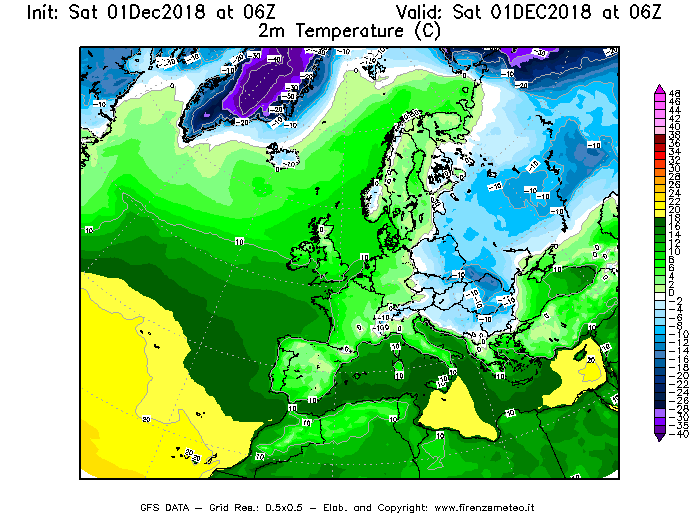 Mappa di analisi GFS - Temperatura a 2 metri dal suolo [°C] in Europa
									del 01/12/2018 06 <!--googleoff: index-->UTC<!--googleon: index-->