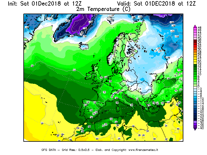 Mappa di analisi GFS - Temperatura a 2 metri dal suolo [°C] in Europa
									del 01/12/2018 12 <!--googleoff: index-->UTC<!--googleon: index-->