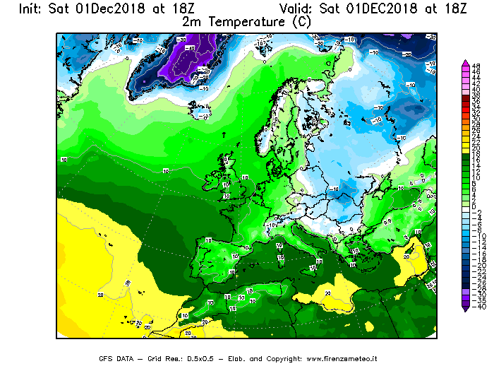 Mappa di analisi GFS - Temperatura a 2 metri dal suolo [°C] in Europa
									del 01/12/2018 18 <!--googleoff: index-->UTC<!--googleon: index-->
