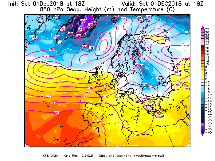 Mappa di analisi GFS - Geopotenziale [m] e Temperatura [°C] a 850 hPa in Europa
							del 01/12/2018 18 <!--googleoff: index-->UTC<!--googleon: index-->
