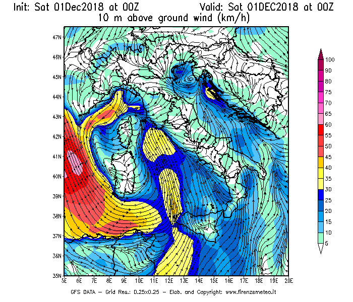 Mappa di analisi GFS - Velocità del vento a 10 metri dal suolo [km/h] in Italia
									del 01/12/2018 00 <!--googleoff: index-->UTC<!--googleon: index-->