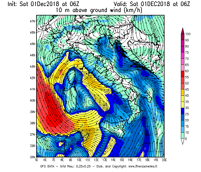 Mappa di analisi GFS - Velocità del vento a 10 metri dal suolo [km/h] in Italia
									del 01/12/2018 06 <!--googleoff: index-->UTC<!--googleon: index-->
