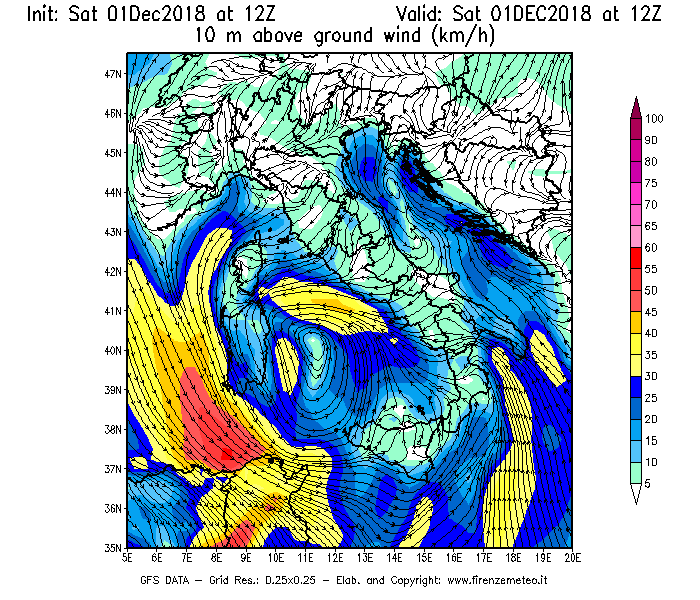 Mappa di analisi GFS - Velocità del vento a 10 metri dal suolo [km/h] in Italia
							del 01/12/2018 12 <!--googleoff: index-->UTC<!--googleon: index-->