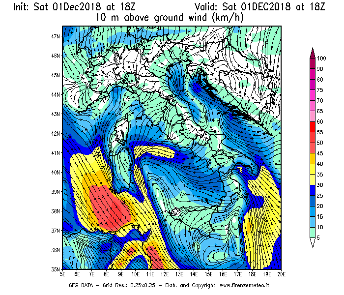 Mappa di analisi GFS - Velocità del vento a 10 metri dal suolo [km/h] in Italia
									del 01/12/2018 18 <!--googleoff: index-->UTC<!--googleon: index-->