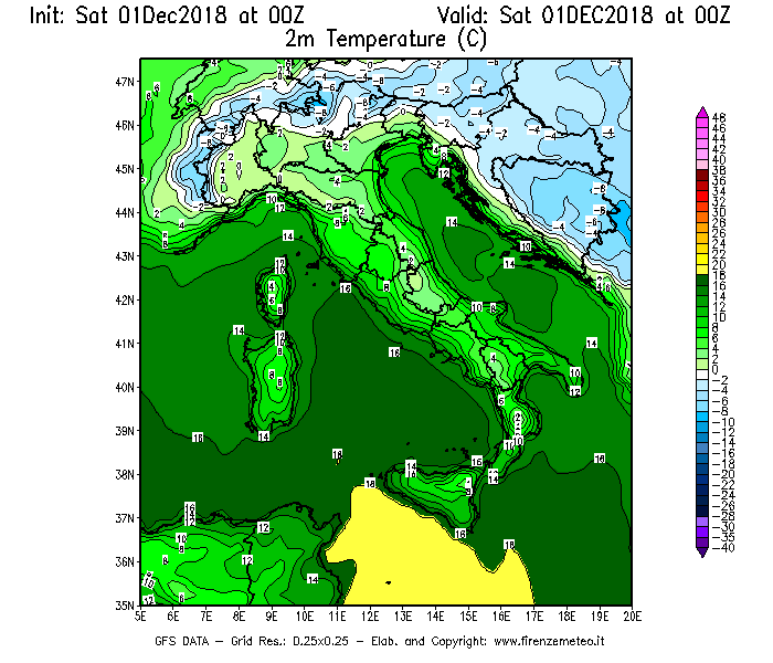 Mappa di analisi GFS - Temperatura a 2 metri dal suolo [°C] in Italia
									del 01/12/2018 00 <!--googleoff: index-->UTC<!--googleon: index-->