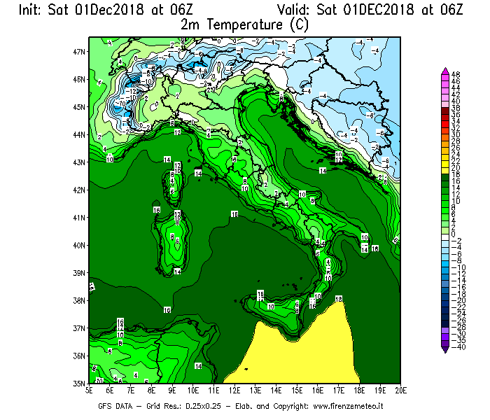 Mappa di analisi GFS - Temperatura a 2 metri dal suolo [°C] in Italia
									del 01/12/2018 06 <!--googleoff: index-->UTC<!--googleon: index-->