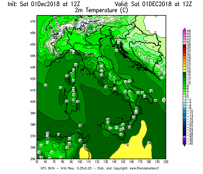 Mappa di analisi GFS - Temperatura a 2 metri dal suolo [°C] in Italia
							del 01/12/2018 12 <!--googleoff: index-->UTC<!--googleon: index-->