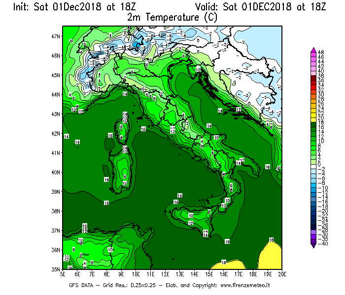 Mappa di analisi GFS - Temperatura a 2 metri dal suolo [°C] in Italia
									del 01/12/2018 18 <!--googleoff: index-->UTC<!--googleon: index-->