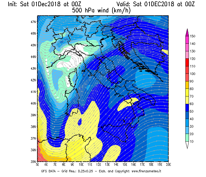 Mappa di analisi GFS - Velocità del vento a 500 hPa [km/h] in Italia
							del 01/12/2018 00 <!--googleoff: index-->UTC<!--googleon: index-->