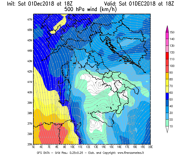 Mappa di analisi GFS - Velocità del vento a 500 hPa [km/h] in Italia
							del 01/12/2018 18 <!--googleoff: index-->UTC<!--googleon: index-->