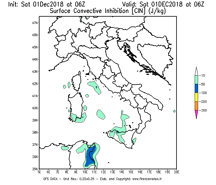 Mappa di analisi GFS - CIN [J/kg] in Italia
									del 01/12/2018 06 <!--googleoff: index-->UTC<!--googleon: index-->