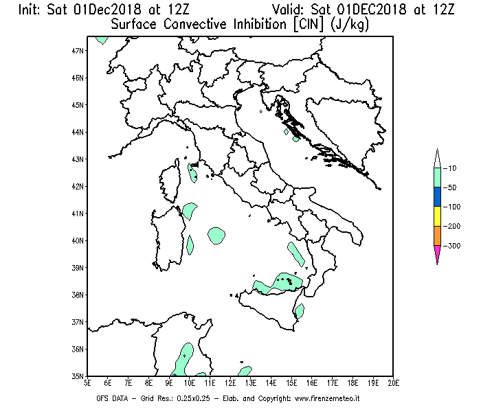 Mappa di analisi GFS - CIN [J/kg] in Italia
									del 01/12/2018 12 <!--googleoff: index-->UTC<!--googleon: index-->