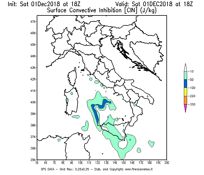 Mappa di analisi GFS - CIN [J/kg] in Italia
									del 01/12/2018 18 <!--googleoff: index-->UTC<!--googleon: index-->
