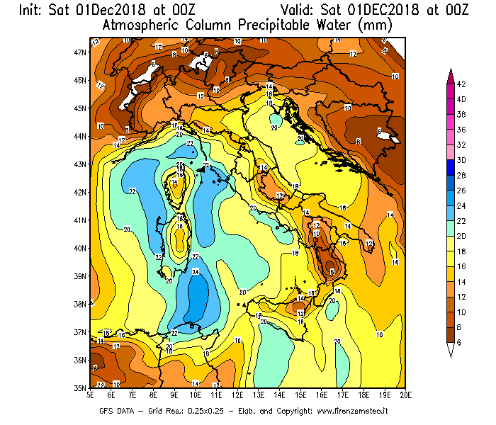 Mappa di analisi GFS - Precipitable Water [mm] in Italia
									del 01/12/2018 00 <!--googleoff: index-->UTC<!--googleon: index-->