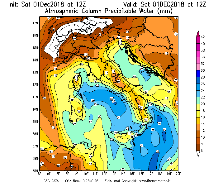 Mappa di analisi GFS - Precipitable Water [mm] in Italia
							del 01/12/2018 12 <!--googleoff: index-->UTC<!--googleon: index-->