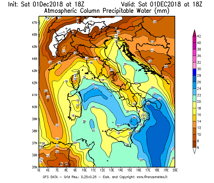 Mappa di analisi GFS - Precipitable Water [mm] in Italia
									del 01/12/2018 18 <!--googleoff: index-->UTC<!--googleon: index-->