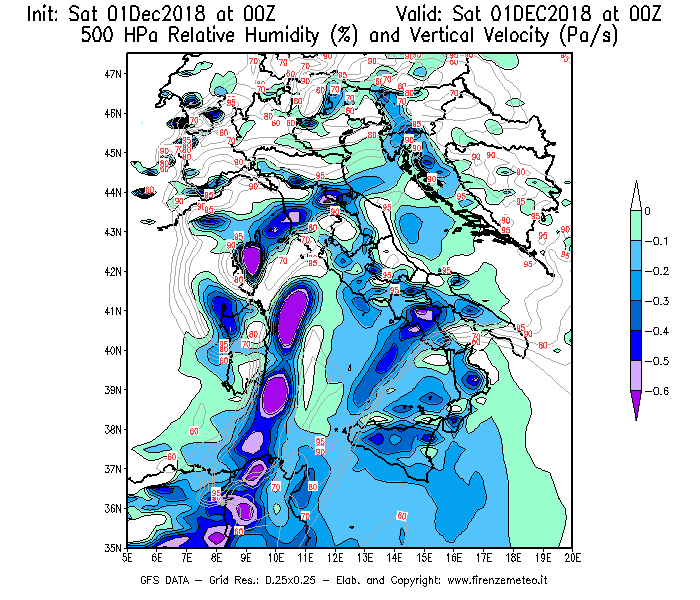 Mappa di analisi GFS - Umidità relativa [%] e Omega [Pa/s] a 500 hPa in Italia
							del 01/12/2018 00 <!--googleoff: index-->UTC<!--googleon: index-->