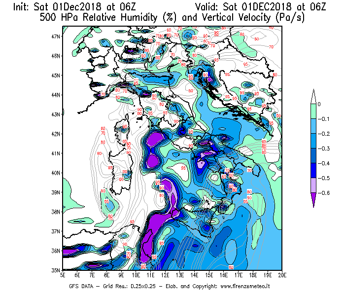 Mappa di analisi GFS - Umidità relativa [%] e Omega [Pa/s] a 500 hPa in Italia
							del 01/12/2018 06 <!--googleoff: index-->UTC<!--googleon: index-->