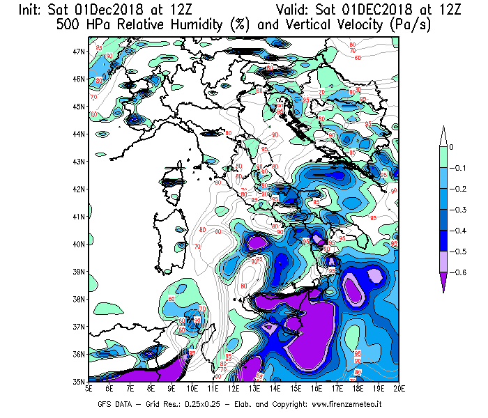 Mappa di analisi GFS - Umidità relativa [%] e Omega [Pa/s] a 500 hPa in Italia
							del 01/12/2018 12 <!--googleoff: index-->UTC<!--googleon: index-->