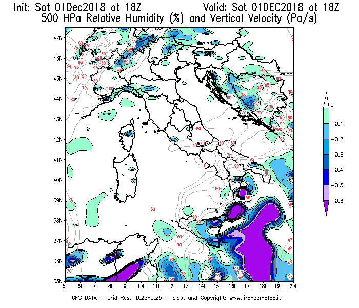 Mappa di analisi GFS - Umidità relativa [%] e Omega [Pa/s] a 500 hPa in Italia
							del 01/12/2018 18 <!--googleoff: index-->UTC<!--googleon: index-->