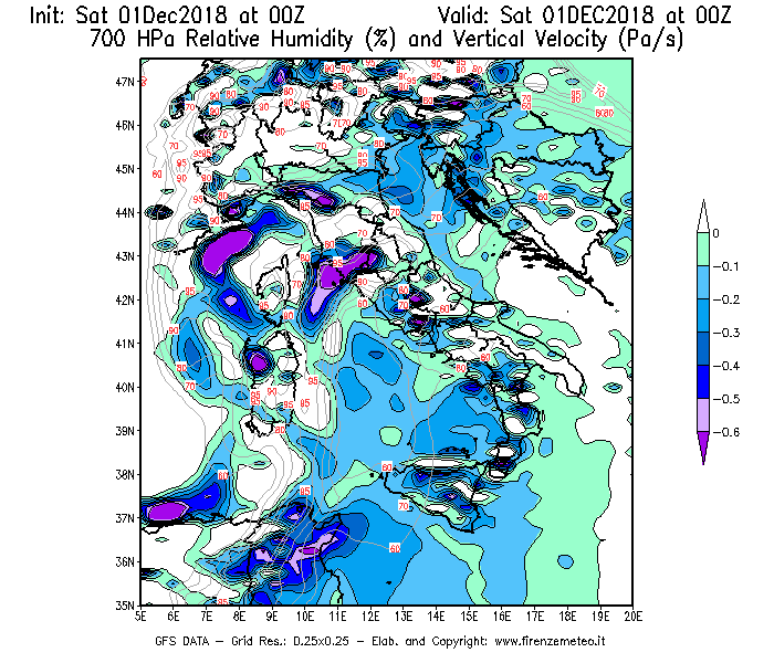Mappa di analisi GFS - Umidità relativa [%] e Omega [Pa/s] a 700 hPa in Italia
									del 01/12/2018 00 <!--googleoff: index-->UTC<!--googleon: index-->