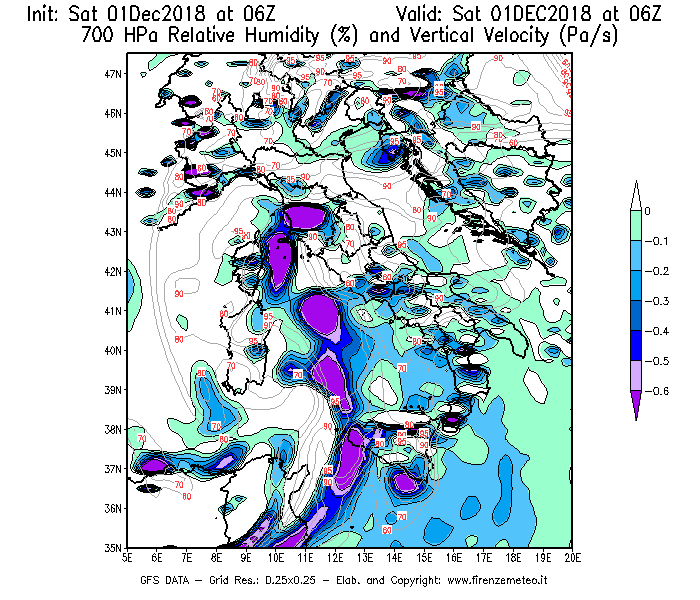 Mappa di analisi GFS - Umidità relativa [%] e Omega [Pa/s] a 700 hPa in Italia
									del 01/12/2018 06 <!--googleoff: index-->UTC<!--googleon: index-->
