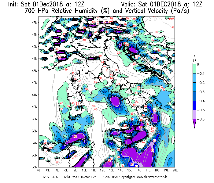 Mappa di analisi GFS - Umidità relativa [%] e Omega [Pa/s] a 700 hPa in Italia
									del 01/12/2018 12 <!--googleoff: index-->UTC<!--googleon: index-->