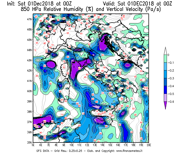 Mappa di analisi GFS - Umidità relativa [%] e Omega [Pa/s] a 850 hPa in Italia
							del 01/12/2018 00 <!--googleoff: index-->UTC<!--googleon: index-->