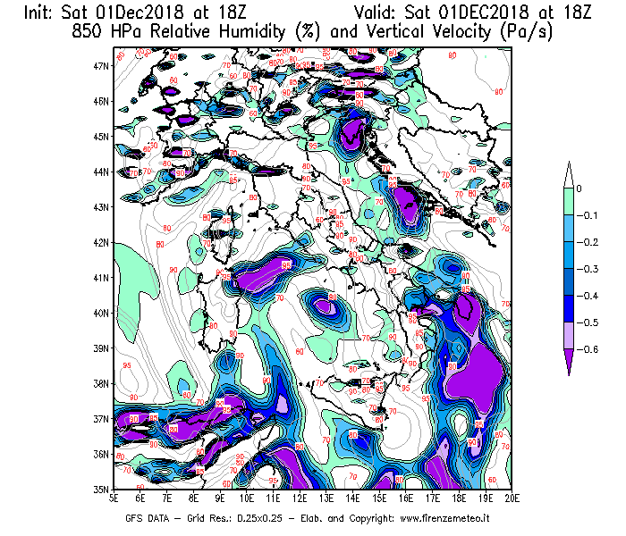 Mappa di analisi GFS - Umidità relativa [%] e Omega [Pa/s] a 850 hPa in Italia
									del 01/12/2018 18 <!--googleoff: index-->UTC<!--googleon: index-->