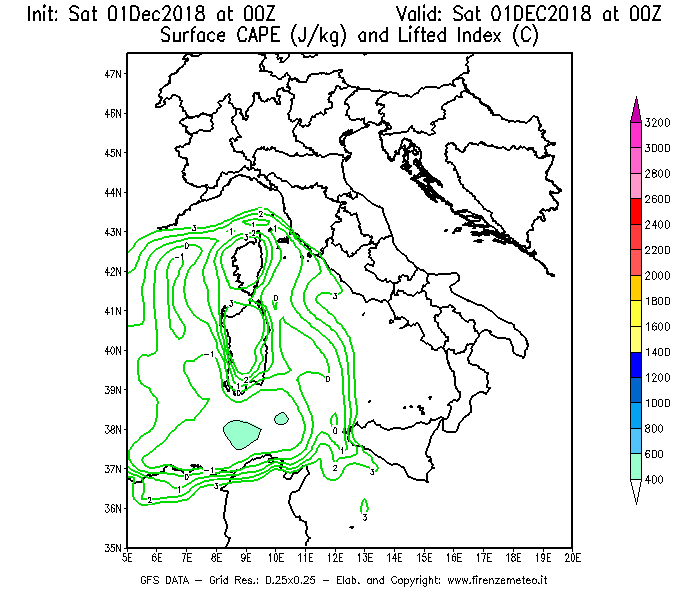 Mappa di analisi GFS - CAPE [J/kg] e Lifted Index [°C] in Italia
							del 01/12/2018 00 <!--googleoff: index-->UTC<!--googleon: index-->