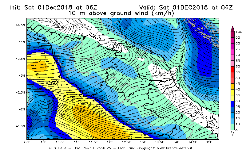 Mappa di analisi GFS - Velocità del vento a 10 metri dal suolo [km/h] in Centro-Italia
									del 01/12/2018 06 <!--googleoff: index-->UTC<!--googleon: index-->