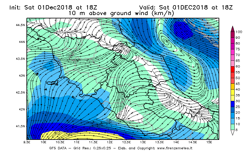 Mappa di analisi GFS - Velocità del vento a 10 metri dal suolo [km/h] in Centro-Italia
									del 01/12/2018 18 <!--googleoff: index-->UTC<!--googleon: index-->