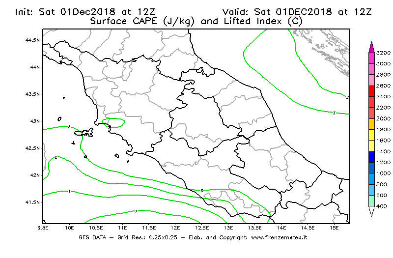 Mappa di analisi GFS - CAPE [J/kg] e Lifted Index [°C] in Centro-Italia
									del 01/12/2018 12 <!--googleoff: index-->UTC<!--googleon: index-->