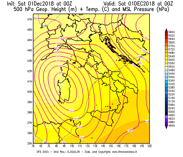 Mappa di analisi GFS - Geopotenziale [m] + Temp. [°C] a 500 hPa + Press. a livello del mare [hPa] in Italia
							del 01/12/2018 00 <!--googleoff: index-->UTC<!--googleon: index-->