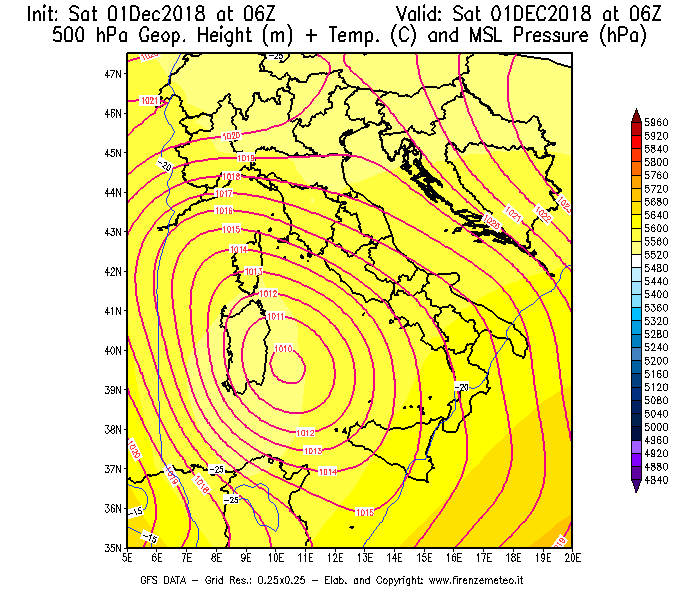 Mappa di analisi GFS - Geopotenziale [m] + Temp. [°C] a 500 hPa + Press. a livello del mare [hPa] in Italia
									del 01/12/2018 06 <!--googleoff: index-->UTC<!--googleon: index-->