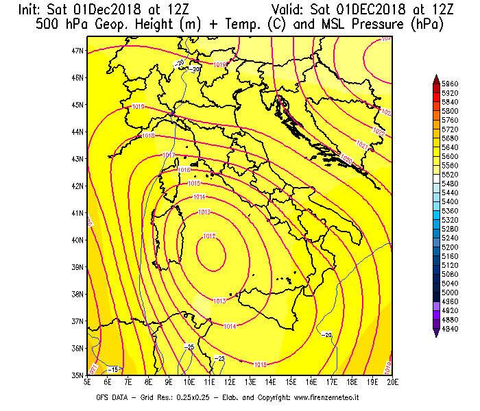 Mappa di analisi GFS - Geopotenziale [m] + Temp. [°C] a 500 hPa + Press. a livello del mare [hPa] in Italia
							del 01/12/2018 12 <!--googleoff: index-->UTC<!--googleon: index-->
