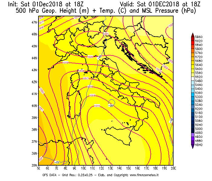Mappa di analisi GFS - Geopotenziale [m] + Temp. [°C] a 500 hPa + Press. a livello del mare [hPa] in Italia
									del 01/12/2018 18 <!--googleoff: index-->UTC<!--googleon: index-->