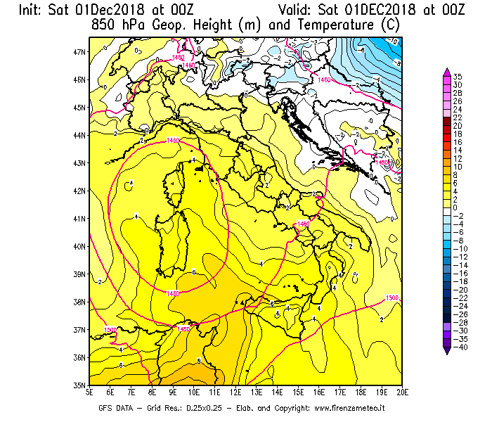 Mappa di analisi GFS - Geopotenziale [m] e Temperatura [°C] a 850 hPa in Italia
									del 01/12/2018 00 <!--googleoff: index-->UTC<!--googleon: index-->