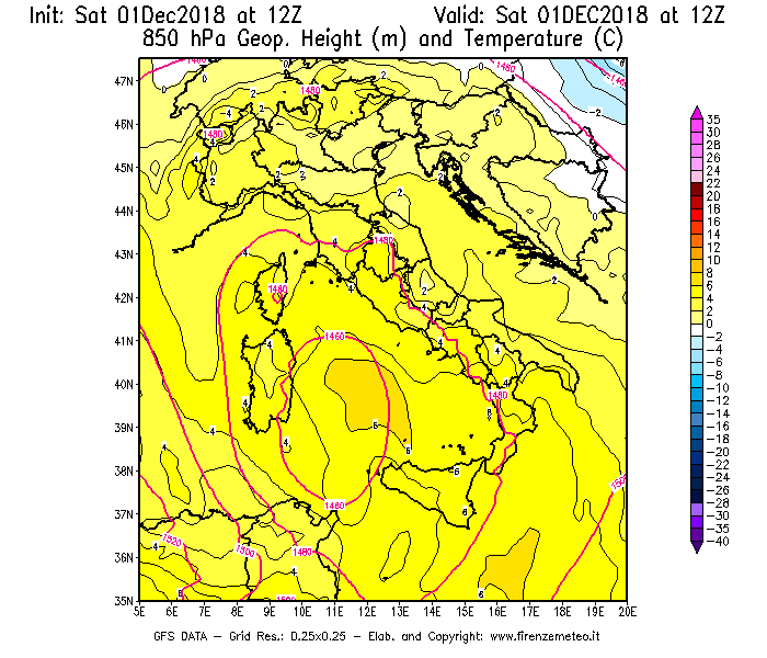 Mappa di analisi GFS - Geopotenziale [m] e Temperatura [°C] a 850 hPa in Italia
							del 01/12/2018 12 <!--googleoff: index-->UTC<!--googleon: index-->