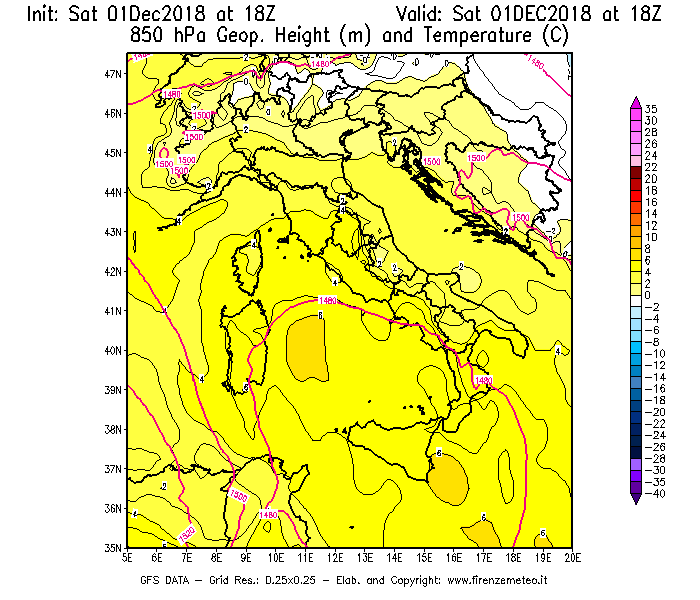 Mappa di analisi GFS - Geopotenziale [m] e Temperatura [°C] a 850 hPa in Italia
									del 01/12/2018 18 <!--googleoff: index-->UTC<!--googleon: index-->