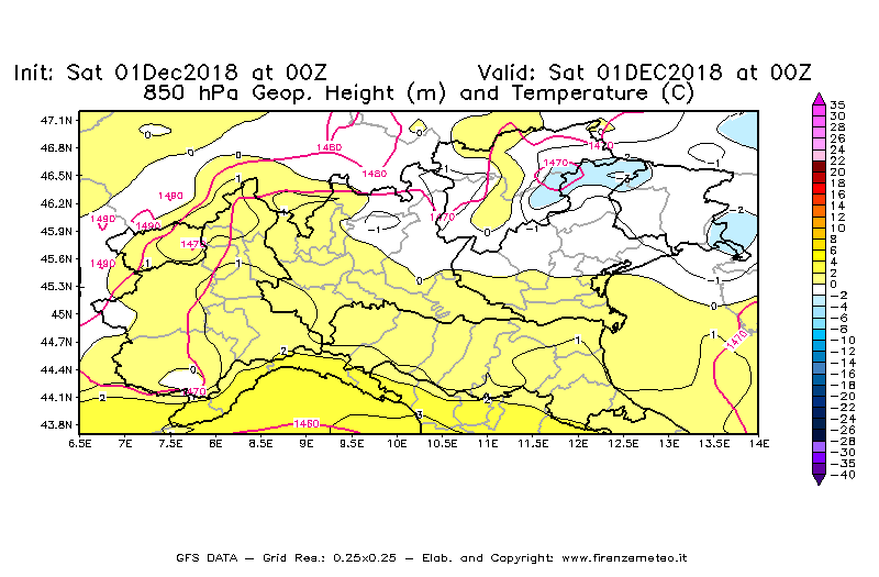 Mappa di analisi GFS - Geopotenziale [m] e Temperatura [°C] a 850 hPa in Nord-Italia
							del 01/12/2018 00 <!--googleoff: index-->UTC<!--googleon: index-->