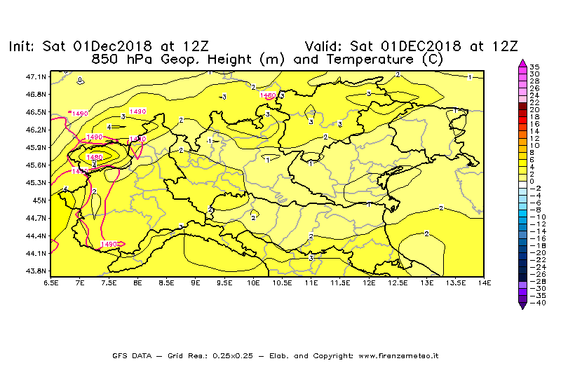 Mappa di analisi GFS - Geopotenziale [m] e Temperatura [°C] a 850 hPa in Nord-Italia
									del 01/12/2018 12 <!--googleoff: index-->UTC<!--googleon: index-->