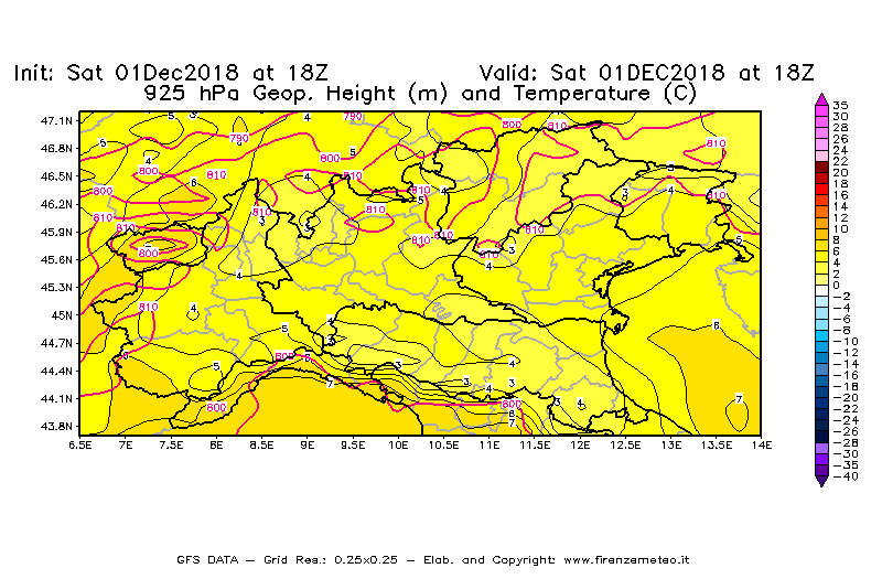 Mappa di analisi GFS - Geopotenziale [m] e Temperatura [°C] a 925 hPa in Nord-Italia
							del 01/12/2018 18 <!--googleoff: index-->UTC<!--googleon: index-->
