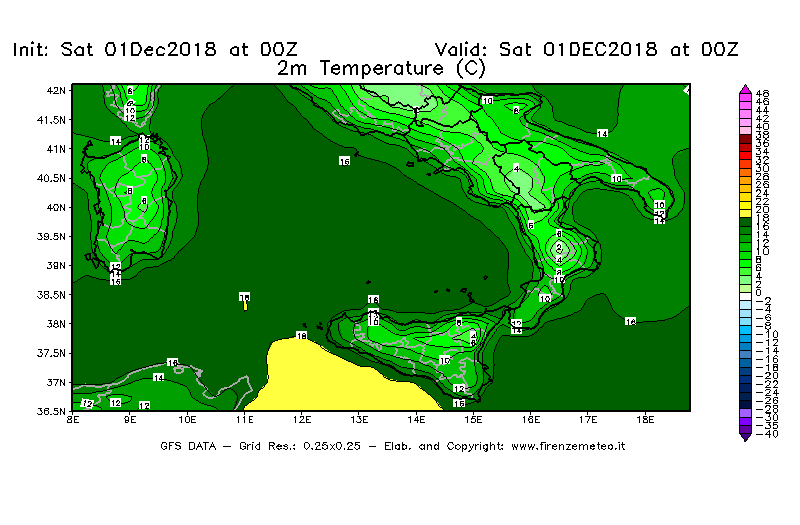 Mappa di analisi GFS - Temperatura a 2 metri dal suolo [°C] in Sud-Italia
							del 01/12/2018 00 <!--googleoff: index-->UTC<!--googleon: index-->