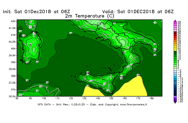 Mappa di analisi GFS - Temperatura a 2 metri dal suolo [°C] in Sud-Italia
									del 01/12/2018 06 <!--googleoff: index-->UTC<!--googleon: index-->