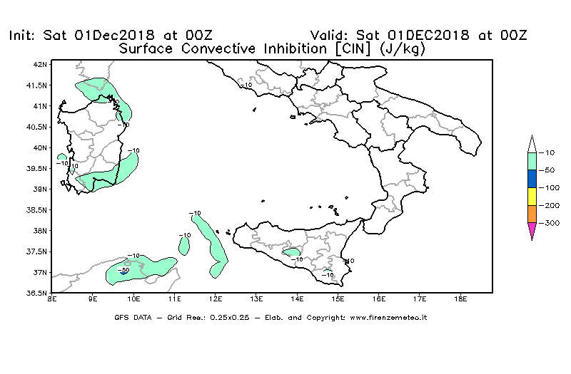Mappa di analisi GFS - CIN [J/kg] in Sud-Italia
									del 01/12/2018 00 <!--googleoff: index-->UTC<!--googleon: index-->