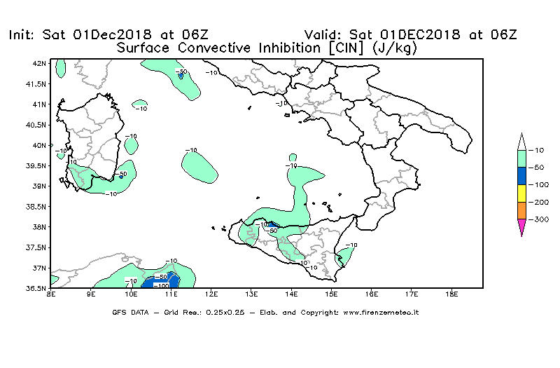 Mappa di analisi GFS - CIN [J/kg] in Sud-Italia
							del 01/12/2018 06 <!--googleoff: index-->UTC<!--googleon: index-->