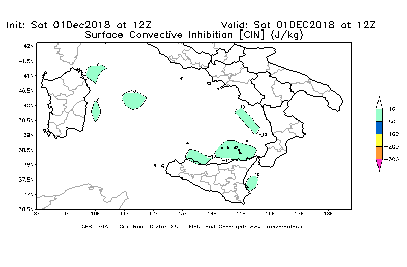 Mappa di analisi GFS - CIN [J/kg] in Sud-Italia
							del 01/12/2018 12 <!--googleoff: index-->UTC<!--googleon: index-->